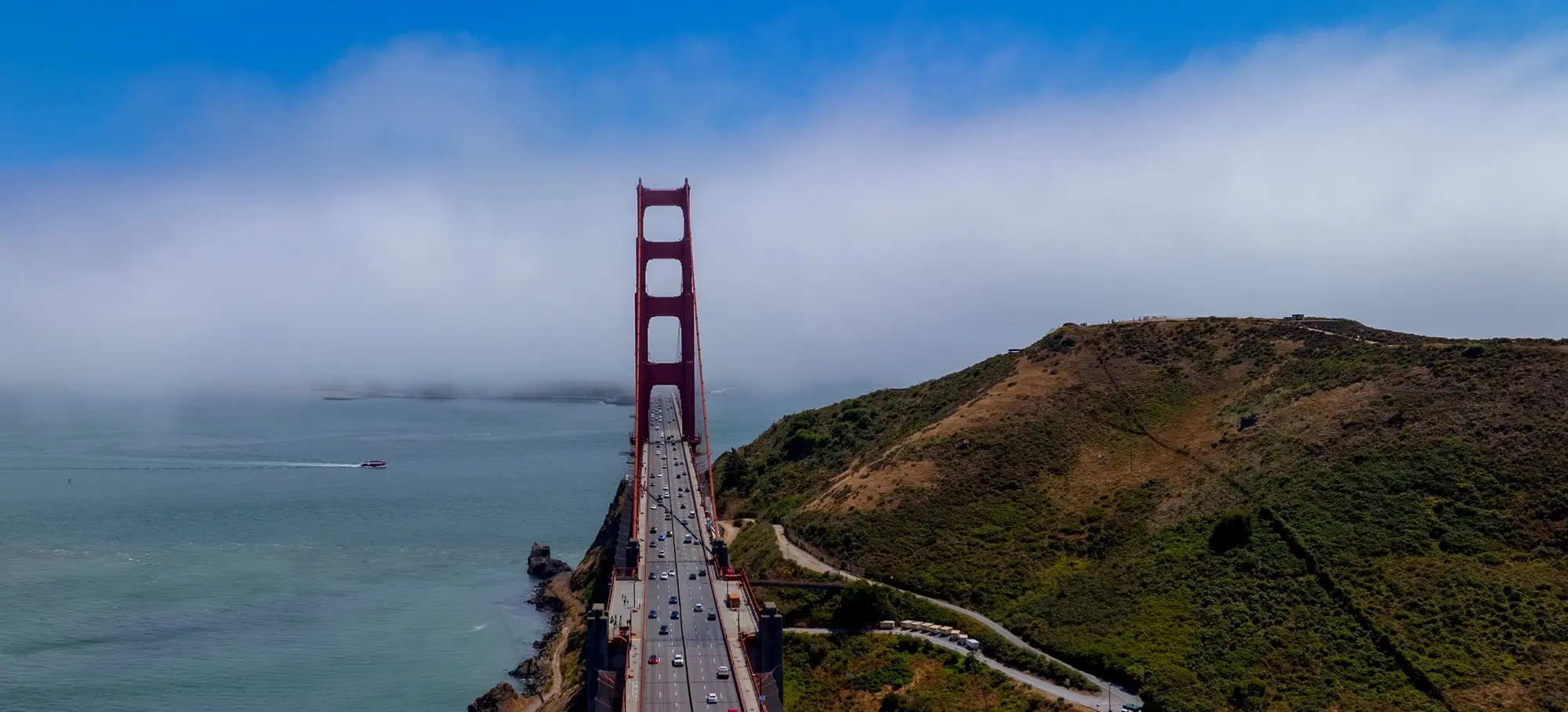 Golden Gate Bridge in fog seen from the Marin headlands