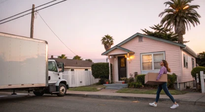 Moving truck outside a house at dusk as a girl walks up