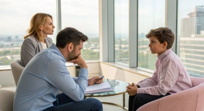 Counselor talking with parents and their son in an office
