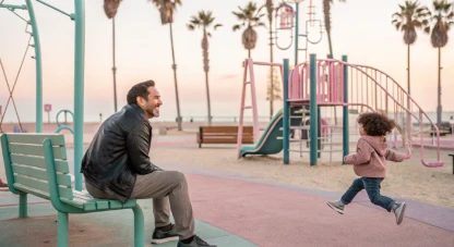 Father on a bench watching his child run through a playground