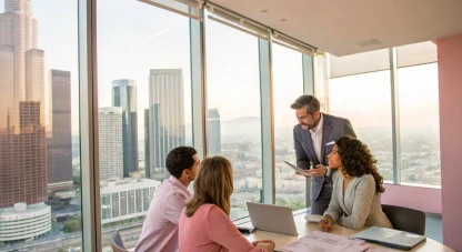 Team meeting in a high-rise conference room above the city