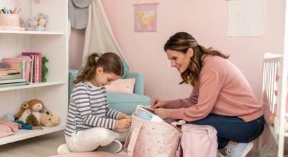 Mother packing a bag in a child's bedroom as the girl watches