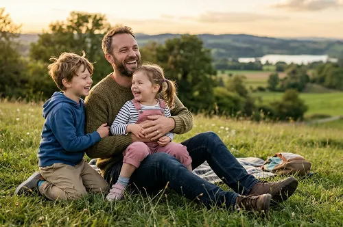 Father sitting in a meadow with his two young children