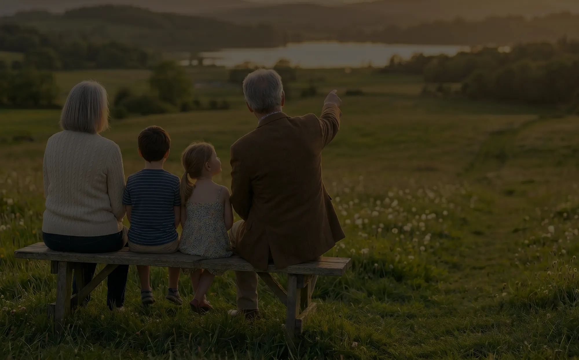 Grandparents and two grandchildren on a bench looking over a valley